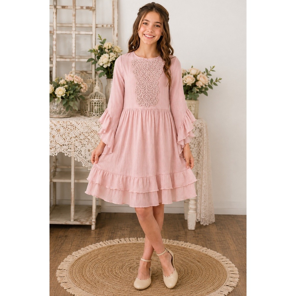 Mia Joy Joyfolie Girls Size 14 Blush Pink Lace Ruffle Dress Boho Special Event